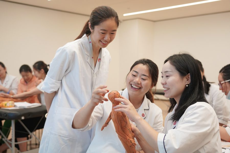 学员在教师指导下辨识经络模型